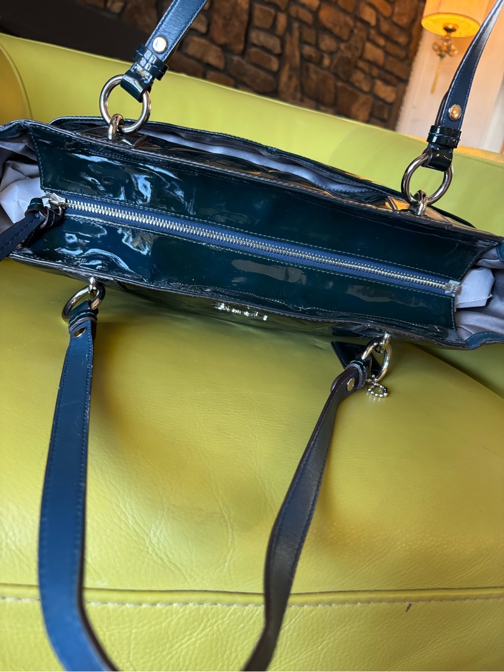 Coach Gallery Signature Embossed Patent Leather East West Tote Teal F07729 - Picture 10 of 11